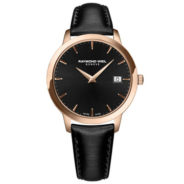 Ρολόι Raymond Weil Toccata 5388-PC5-20001 με μαύρο δερμάτινο λουράκι, μαύρο καντράν διαμέτρου 34mm και ροζ χρυσή κάσα.
